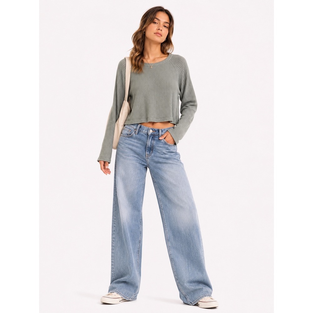 Me To We Waffle Knit Crop Top Womens XS Sage Green Raglan Long Sleeve Gorpcore